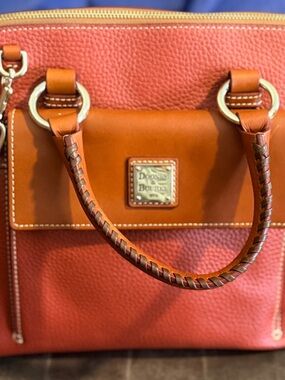 Dooney & Bourke Red Satchel with Brown Trim